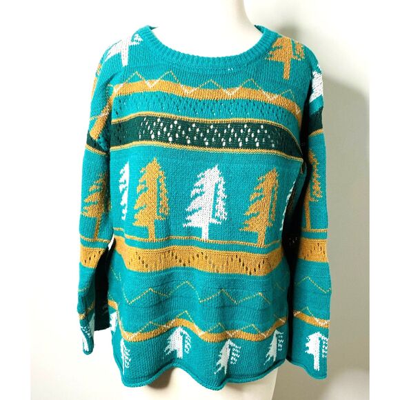 Green Pine Tree Holiday Sweater Winter Knit Pullover Casual Festive Jumper Sz L - Picture 1 of 6